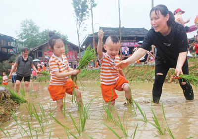 广西柳州：“奔跑吧 泥娃娃”亲子插秧抓鱼体验活动举办
